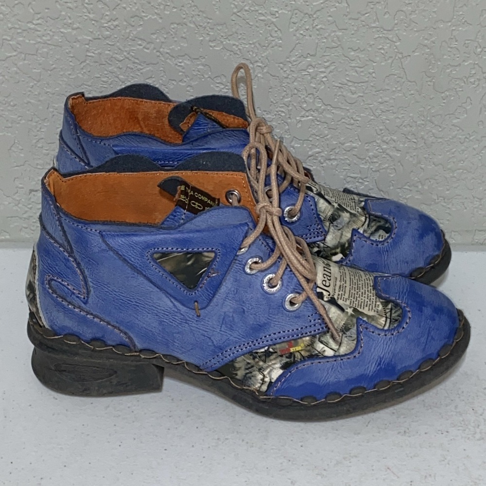 TMA EYES Distressed Blue Leather Newspaper Cutout Shoes Ankle Boots Booties 9.5 - Picture 2 of 8